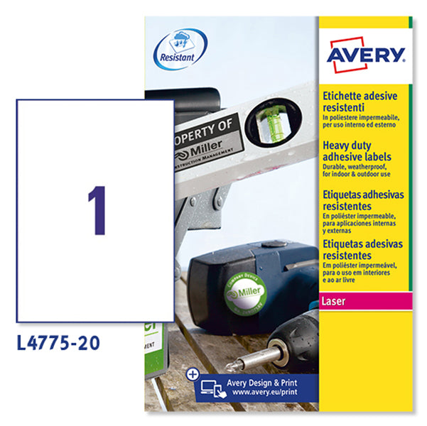 AVERY - L4775-20 - Etichette adesive L4775 - permanenti - per stampanti laser - 210 x 297 mm - 1 et-fg - 20 fogli A4 - poliestere - bianco - Avery