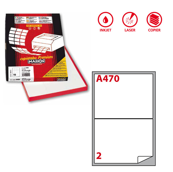 MARKIN - 210A470 - Etichette adesive A470 - permanenti - 199,6 x 143,5 mm - 2 et-fg - 100 fogli A4 - bianco - Markin