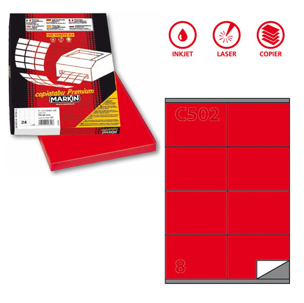 MARKIN - 210C502RO - Etichette adesive C502 - permanenti - 105 x 72 mm - 8 et-fg - 100 fogli A4 - rosso - Markin