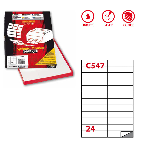 MARKIN - 210C547 - Etichette adesive C547 - permanenti - 105 x 25 mm - 24 et-fg - 100 fogli A4 - bianco - Markin