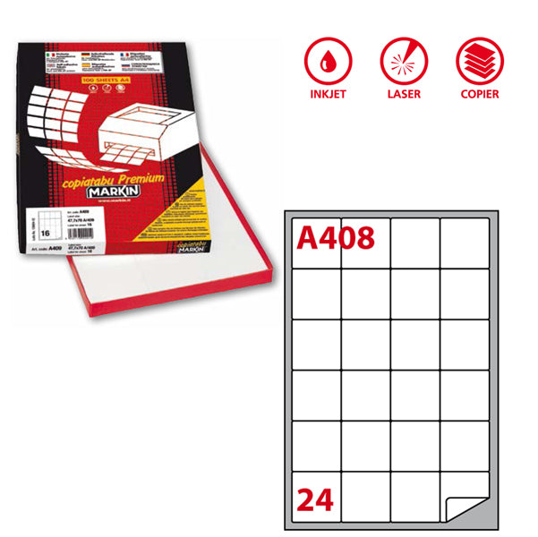 MARKIN - 210A408 - Etichette adesive A408 - permanenti - 47,5 x 46,5 mm - 24 et-fg - 100 fogli A4 - bianco - Markin