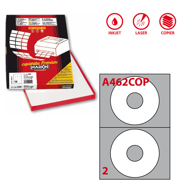 MARKIN - 210A462COP - Etichette adesive A462 - per CD - permanenti - diametro CD 117,5 mm - foro 41 mm - 2 et-fg - 100 fogli A4 - bianco coprente - Markin