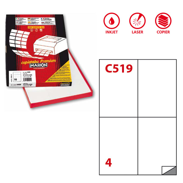 MARKIN - 210C519SP - Etichette adesive C519 Extra Forte - permanenti - 105 x 148,5 mm - 4 et-fg - 100 fogli A4 - bianco - Markin