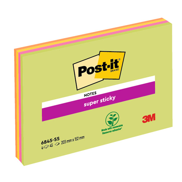 POST-IT - 7100234637 - Blocco foglietti Post it Super Sticky Meeting Notes - 6845-SSP - 203 x 152 mm - giallo-rosa neon - 45 fogli - Post it