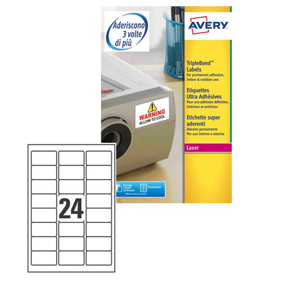 AVERY - L6141-20 - Etichette adesive L6141 - permanenti - per stampanti laser - 63,5 x 33,9 mm - 24 et-fg - 20 fogli A4 - poliestere - trasparente - Avery