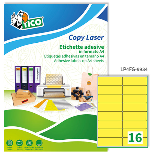 TICO - LP4FG-9934 - Etichette adesive LP4F - permanenti - 99,1 x 34 mm - 16 et-fg - 70 fogli A4 - giallo fluo - Tico