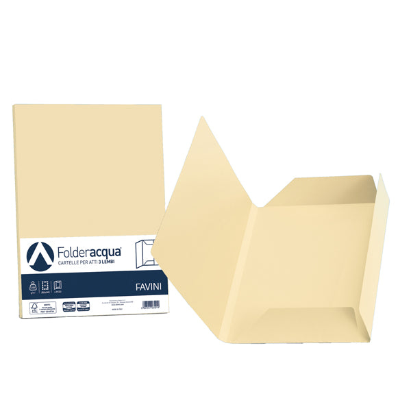 FAVINI - A50R434 - Cartelline 3 lembi Acqua - 200 gr - 24,5x34,5 cm - camoscio - Favini - conf. 25 pezzi
