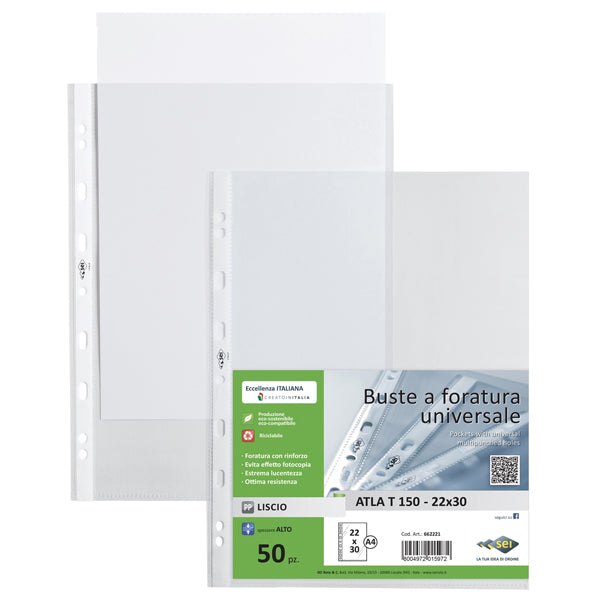 SEI ROTA - 662221 - Buste forate Atla T - pesante - liscio - 22x30 cm - trasparente - Sei Rota - conf. 50 pezzi