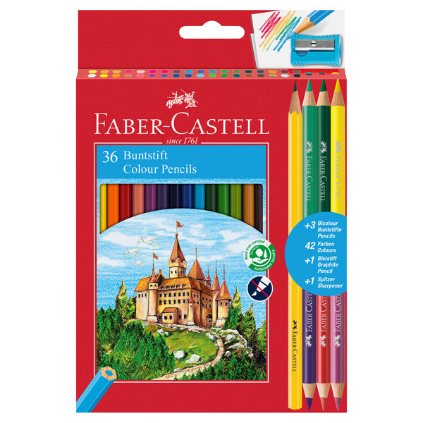 FABER-CASTELL - 110336 - Matita colorata eco Il Castello + 3 bicolor + 1 grafite - colori assortiti - Faber Castell - astuccio 36 pezzi - 65355 - Conf. da 1 Pz.