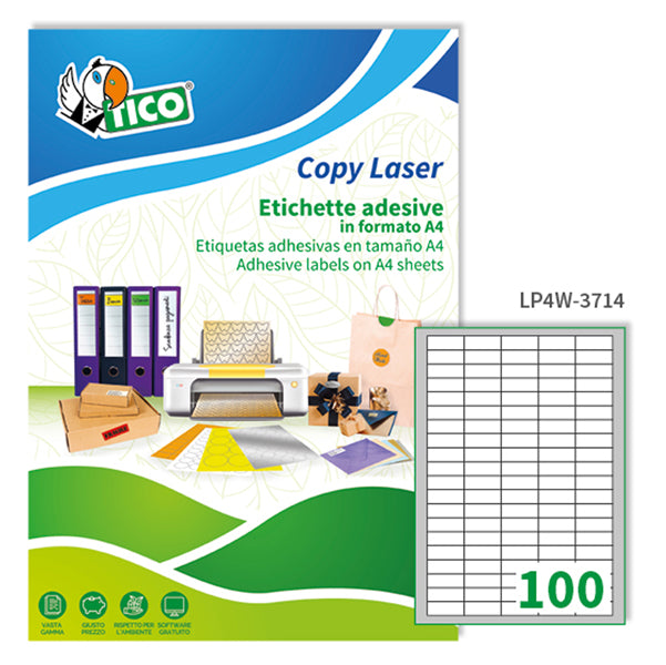 TICO - LP4W-3714 - Etichette adesive LP4W - permanenti - 37 x 14 mm - 100 et-fg - 100 fogli A4 - bianco - Tico