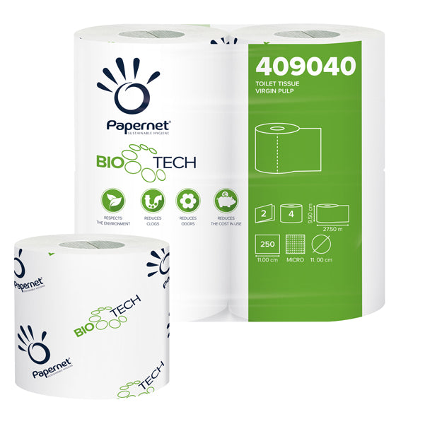 PAPERNET - 409040 - Carta igienica standard Bio Tech - 2 veli - 250 strappi - 15,5 gr - 9,5 cm x 27,5 mt - Papernet - pacco 4 rotoli