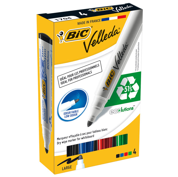 BIC - 904941 - Marcatori Whiteboard Marker Velleda 1701 Recycled BIC - punta tonda 1,5mm - astuccio 4 colori - Bic
