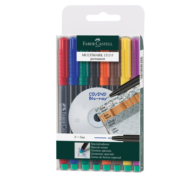 FABER-CASTELL - 151309 - Pennarello Multimark universale permanente con gomma - punta fine 0,6mm - astuccio 8 colori - Faber Castell