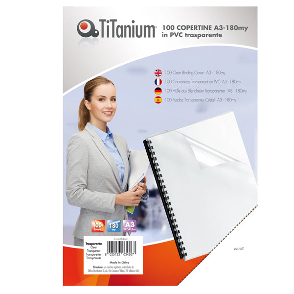 TITANIUM - PVC118-3SL - Copertine rilegatura - A3 - 180 micron - PVC - neutro trasparente - Titanium - scatola 100 pezzi