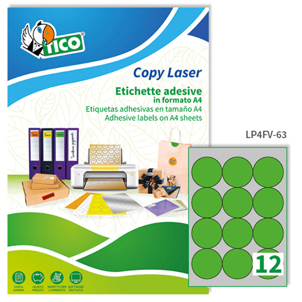 TICO - LP4FV-63 - Etichette adesive LP4F - permanenti - diametro 63,5 mm - 12 et-fg - 70 fogli A4 - verde fluo - Tico