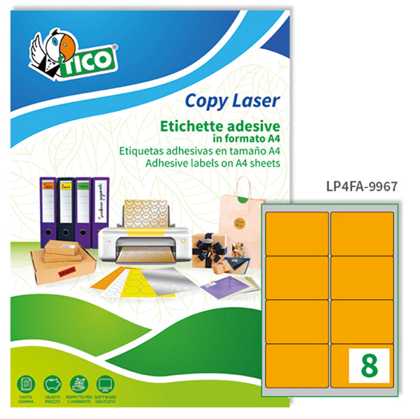 TICO - LP4FA-9967 - Etichette adesive LP4F - permanenti - 99,1 x 67,7 mm - 8 et-fg - 70 fogli A4 - arancio fluo - Tico