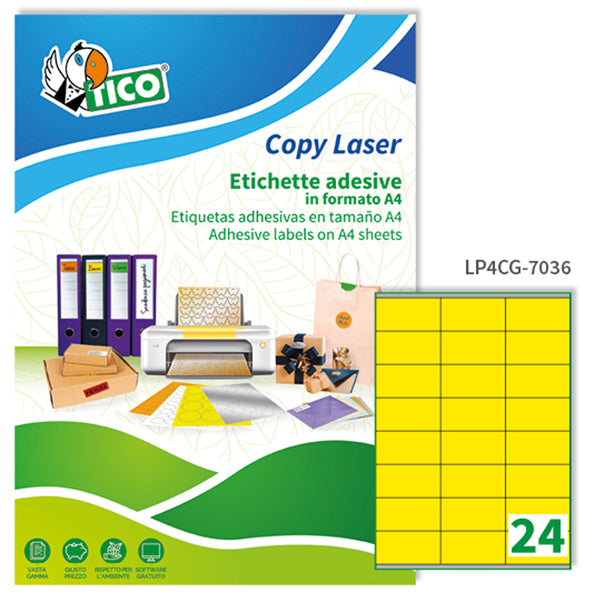 TICO - LP4CG-7036 - Etichette adesive LP4C - permanenti - 70 x 36 mm - 24 et-fg - 70 fogli A4 - giallo opaco - Tico