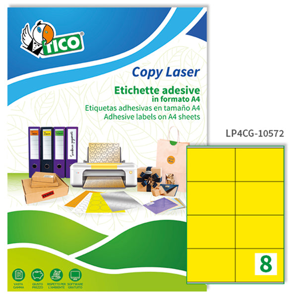 TICO - LP4CG-10572 - Etichette adesive LP4C - permanenti - 105 x 72 mm - 8 et-fg - giallo opaco - Tico - conf. 70 fogli A4