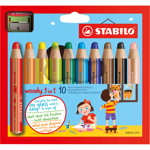 STABILO - 880-10-2 - Matite colorate Woody 3 in 1 - mina 10 mm - con temperino - colori assortiti - Stabilo - astuccio 10 pezzi