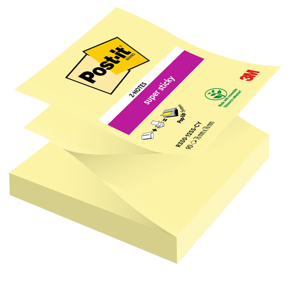 POST-IT - 7100290161 - Blocco Post it Super Sticky Z Notes - R330-123SS-CY - 76 x 76 mm - giallo Canary - 90 fogli - Post it