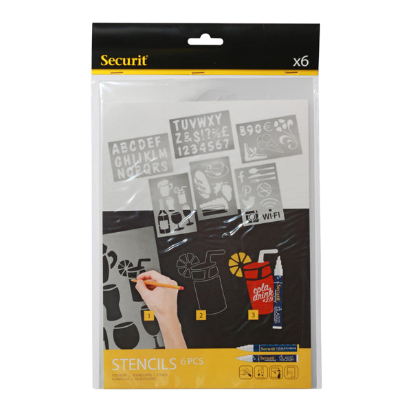 SECURIT - SECSTN-5 - Stencil trasparenti assortiti (lettere, numeri, forme) - 32 x 22 cm - Securit - set 6 pezzi