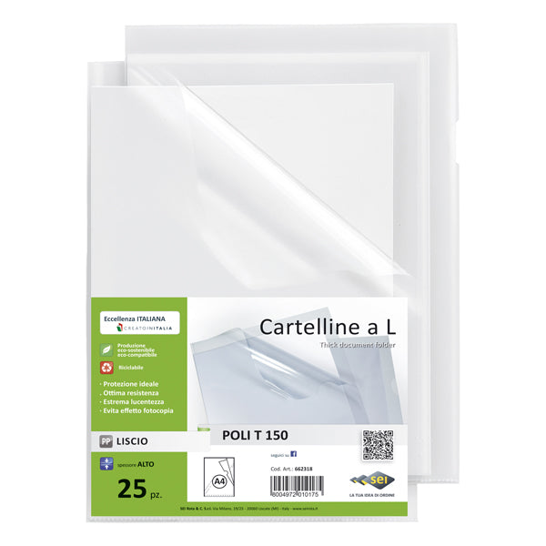 SEI ROTA - 662318 - Cartelline a L Poli 150 - PPL - liscio - 21x29,7 cm - trasparente - Sei Rota - conf. 25 pezzi
