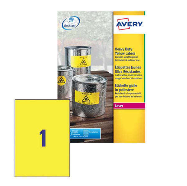 AVERY - L6111-20 - Etichette adesive L6111 - permanenti - per stampanti laser - 210 x 297 mm - 1 et-fg - 20 fogli A4 - giallo fluo - Avery