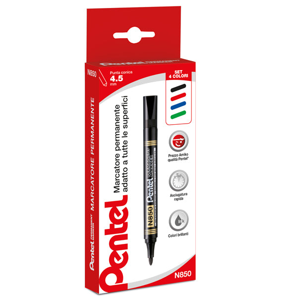 PENTEL - 0100861 - Marcatore permanente N850 - punta tonda - astuccio 4 colori assortiti - Amiko Pentel