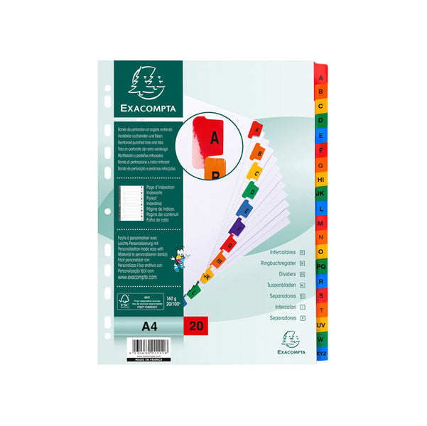 EXACOMPTA - 1111E - Separatore alfabetico A-Z - cartoncino bianco 160 gr - tasti colorati - A4 - Exacompta