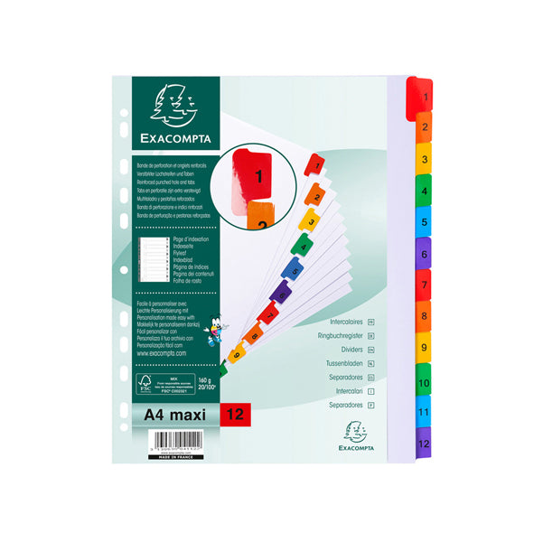 EXACOMPTA - 4112E - Separatore numerico 1-12 - cartoncino bianco 160 gr - tasti colorati - A4 maxi - Exacompta