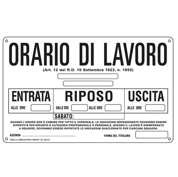 CARTELLI SEGNALATORI - 3301 - Cartello segnalatore - 30x20 cm - ORARIO DI LAVORO - alluminio - Cartelli Segnalatori