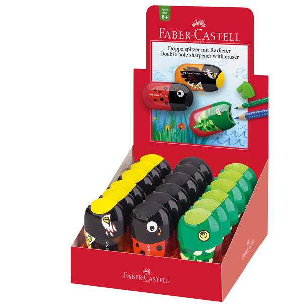 FABER-CASTELL - 183522 - Temperamatite Animals con contenitore - 2 fori - con serbatoio e gomma assortiti - Faber Castell