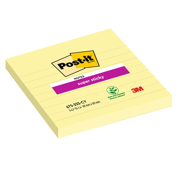 POST-IT - 5074 - Blocco foglietti Super Sticky - 675-SS3CY-EU - a righe - 101 x 101 mm - giallo Canary - 70 fogli - Post-it