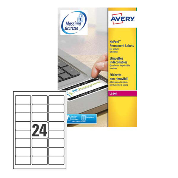AVERY - L6146-20 - Etichette adesive L6146 - permanenti - per stampanti laser - antimanomissione - 63,5 x 33,9 mm - 24 et-fg - 20 fogli A4 - poliestere - bianco - Avery