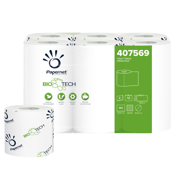 PAPERNET - 407569 - Carta igienica standard Bio Tech - 2 veli - 165 strappi - diametro 10 cm - 9,5 cm x 18,2 mt - Papernet - pacco 12 rotoli