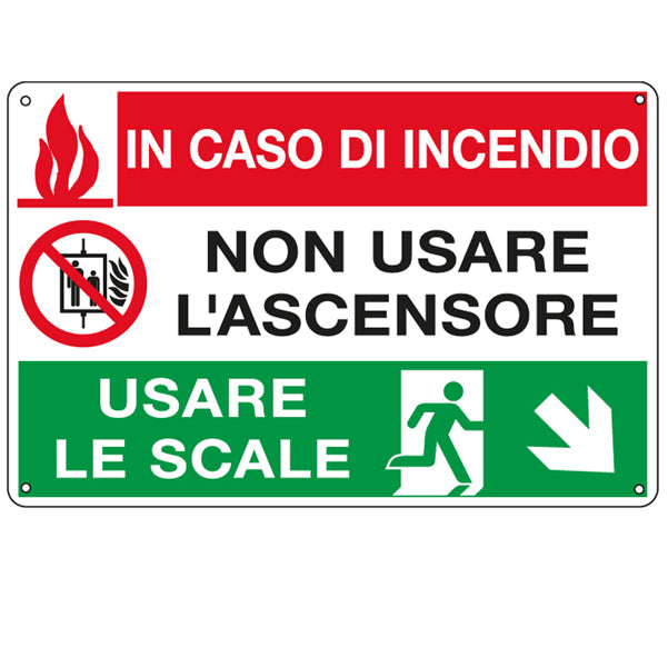 CARTELLI SEGNALATORI - E3537 - Cartello segnalatore multisimbolo - 30x20 cm - IN CASO DI INCENDIO NON USARE L'ASCENSORE… - alluminio - Cartelli Segnalatori