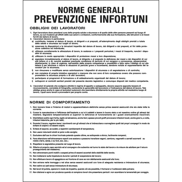 CARTELLI SEGNALATORI - PO5031 - Cartello segnalatore - 50x67 cm - NORME GENERALI PREVENZIONE INFORTUNI - polionda - Cartelli Segnalatori