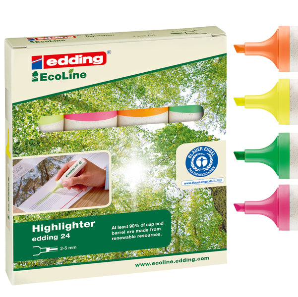 EDDING - 4-24-4S - Evidenziatore 24 EcoLine - punta a scalpello - tratto da 2,0-5,0mm - astuccio 4 colori - Edding