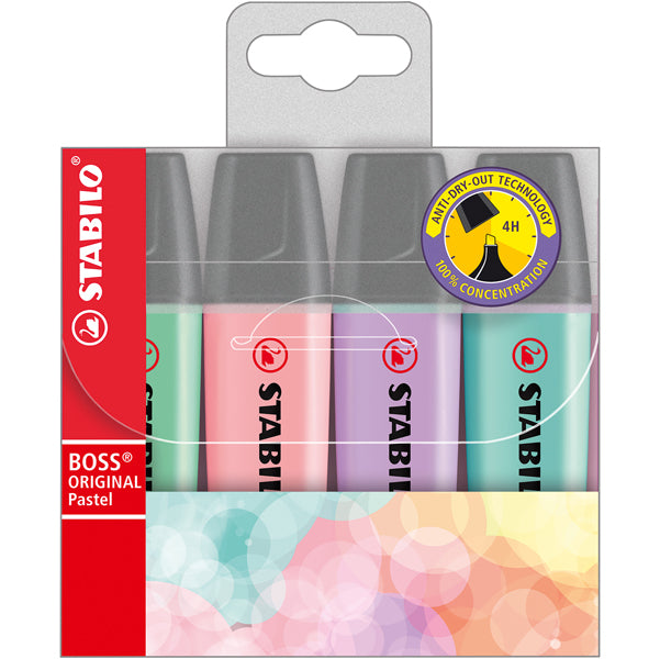 STABILO - 70-4-2 - Evidenziatore Boss Original Pastel - punta a scalpello - tratto 2 - 5 mm - colori assortiti - Stabilo - busta 4 pezzi