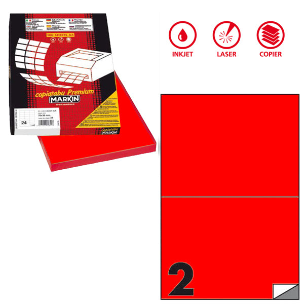 MARKIN - X210C509F-RO - Etichette adesive C509 - permanenti - 210 x 148,5 mm - 2 et-fg - 100 fogli A4 - rosso fluo - Markin