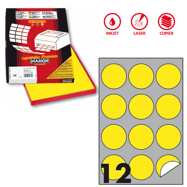 MARKIN - X210R310F-GI - Etichette adesive R310 - permanenti - diametro 60 mm - 12 et-fg - 100 fogli A4 - giallo fluo - Markin