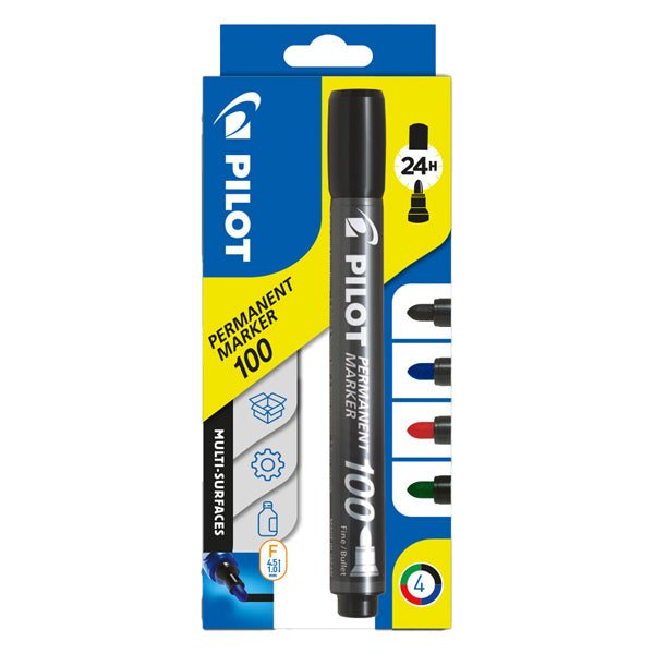 PILOT - 002701 - Marcatore Permanente Markers 100 - punta tonda 4,50 mm - colori assortiti - Pilot - astuccio 4 pezzi