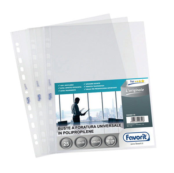 FAVORIT - 100460119 - Buste forate L'Originale - Top - liscio - 30x42 cm (libro) - trasparente - Favorit - conf. 10 pezzi