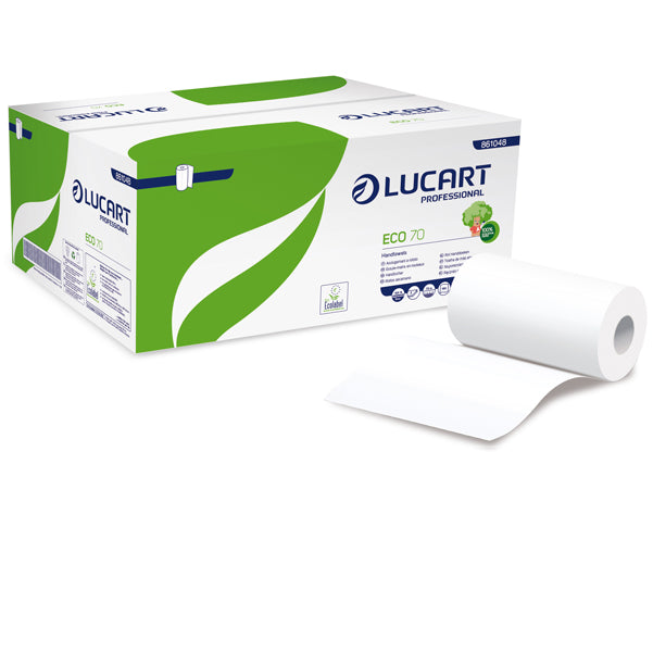 Lucart - 861048 - Asciugamani in rotolo Eco 70 - Mini - 2 veli - goffratura micro+ - 18,5 gr - diametro 13 cm - 22,8 cm x 70 mt - bianco - Lucart