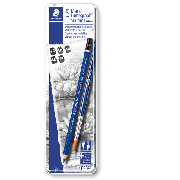 STAEDTLER - 100A G6 - Matite in grafite acquerellabili + pennello Mars Lumograph - gradazione 4B - gradazione 6B (x2) - gradazione 8B (x2) - Staedtler - astuccio metallo 5 matite + 1 pennello
