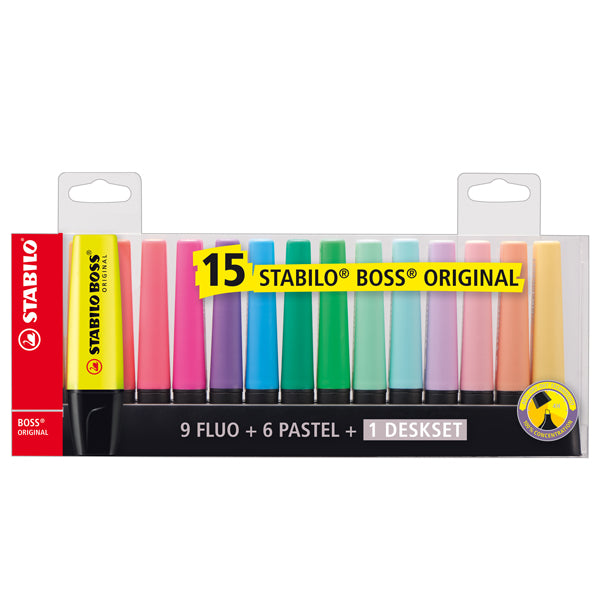 STABILO - 70715-01 - Evidenziatore Boss Original - punta a scalpello - tratto 2 - 5 mm - colori assortiti fluo + pastel - Stabilo - deskset 15 pezzi