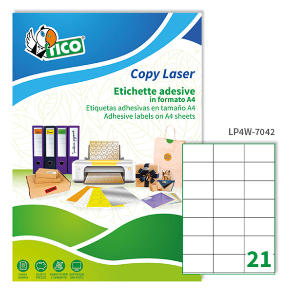 TICO - LP4W-7042 - Etichette adesive LP4W - permanenti - 70 x 42,3 mm - 21 et-fg - 100 fogli A4 - bianco - Tico