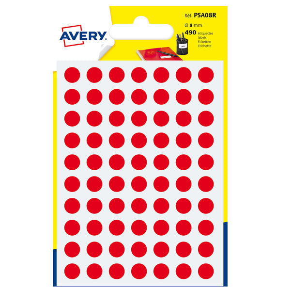 AVERY - PSA08R - Etichette adesive PSA - permanenti - diametro 8 mm - 70 et-fg - 7 fogli - rosso - Avery
