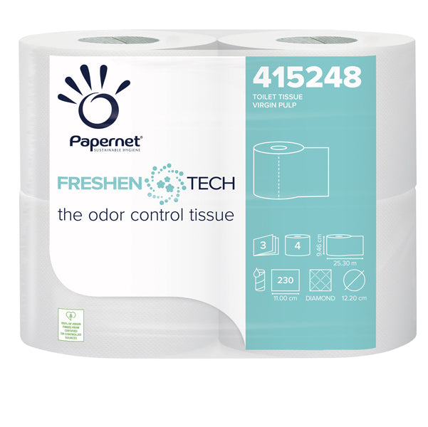 PAPERNET - 415248 - Carta igienica classica Freshen Tech - 3 veli - 230 strappi - diametro 12,2 cm -15,5 gr - 9,5 cm x 25,3 mt - Papernet - pacco 4 rotoli