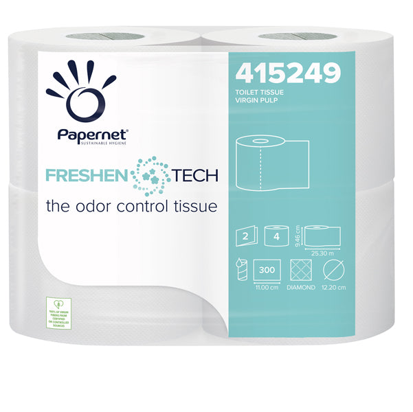 PAPERNET - 415249 - Carta igienica classica Freshen Tech - 2 veli - 300 strappi - diametro 12,2 cm - 9,5 cm x 33,3 mt - Papernet - pacco 4 rotoli